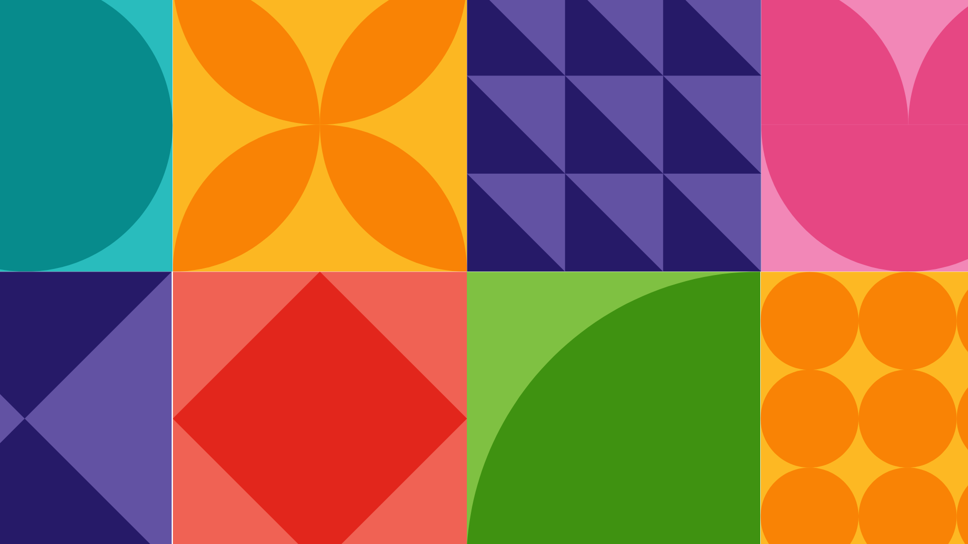 A colorful grid of eight square panels featuring vibrant geometric patterns and abstract shapes.