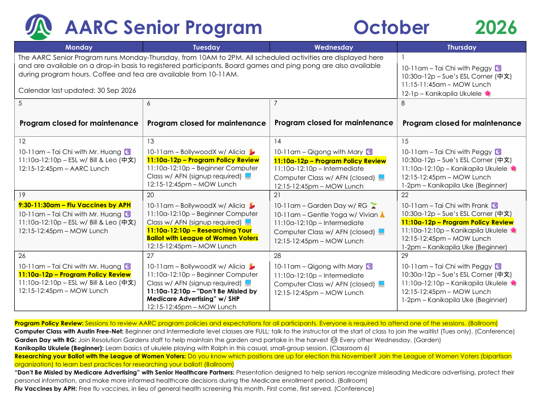 AARC Senior Program calendar October 2026