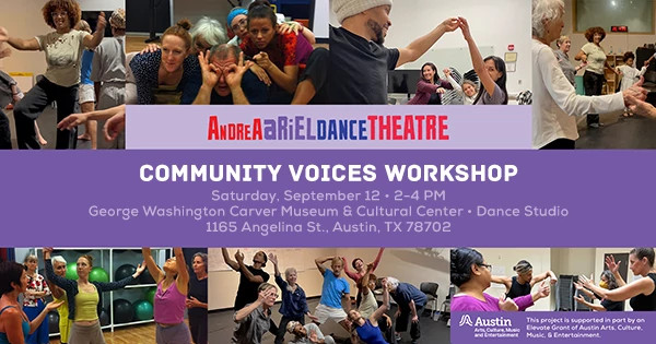 purple collage graphic with images of community dancers