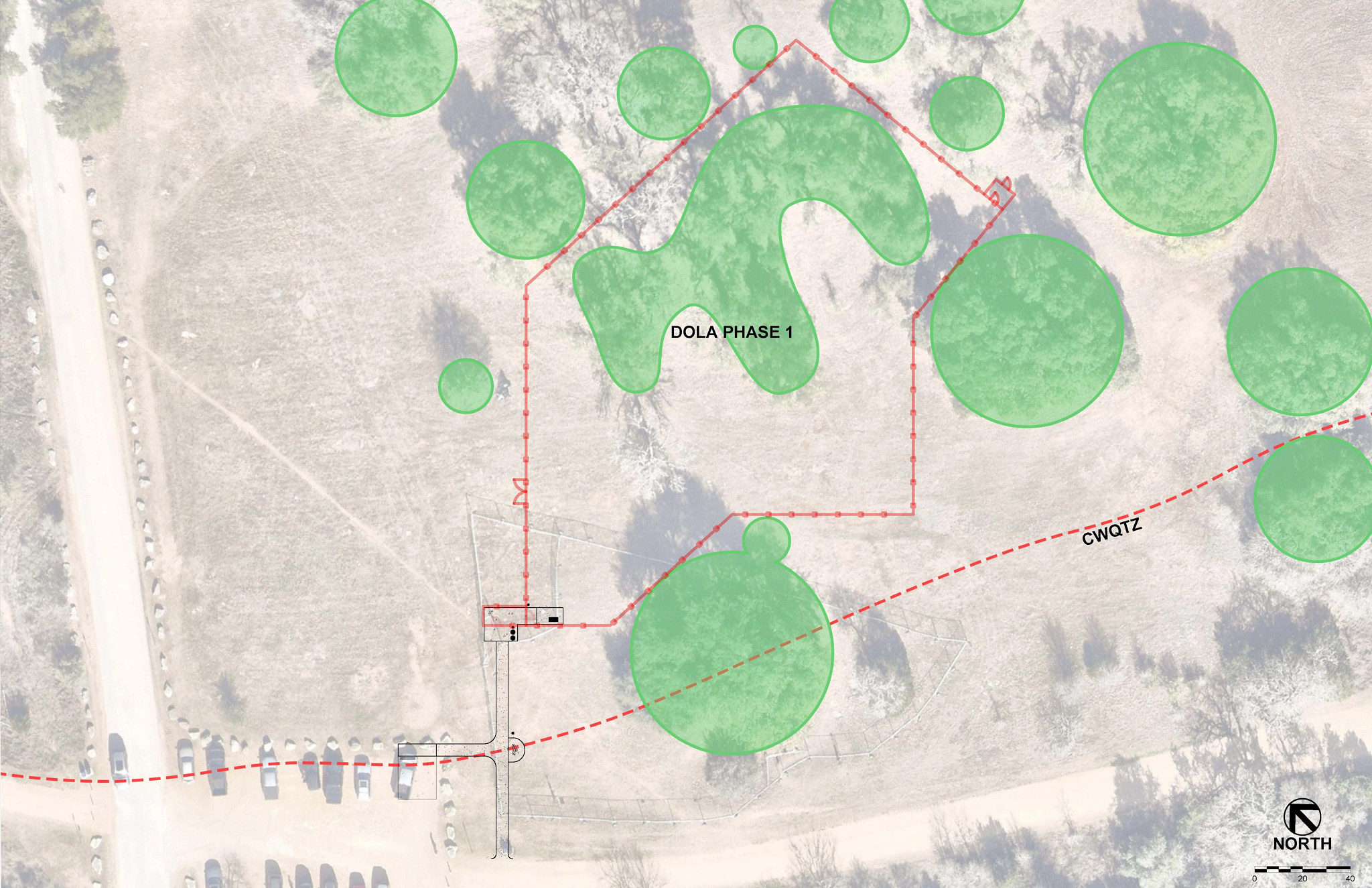 Overhead view of Circle C park area with overlay of future boundaries of the permanent dola, critical root zones and critical water quality zone line