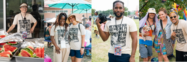 four photos of volunteers at the george washington carver museum and cultural center in austin tx