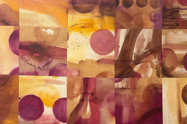 A painting of a patchwork of squares filled with abstract brush strokes and shapes.