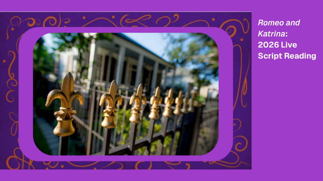Graphic with a picture of a fleur de lis fence in front of a home, bordered by a purple box and golden swirls.