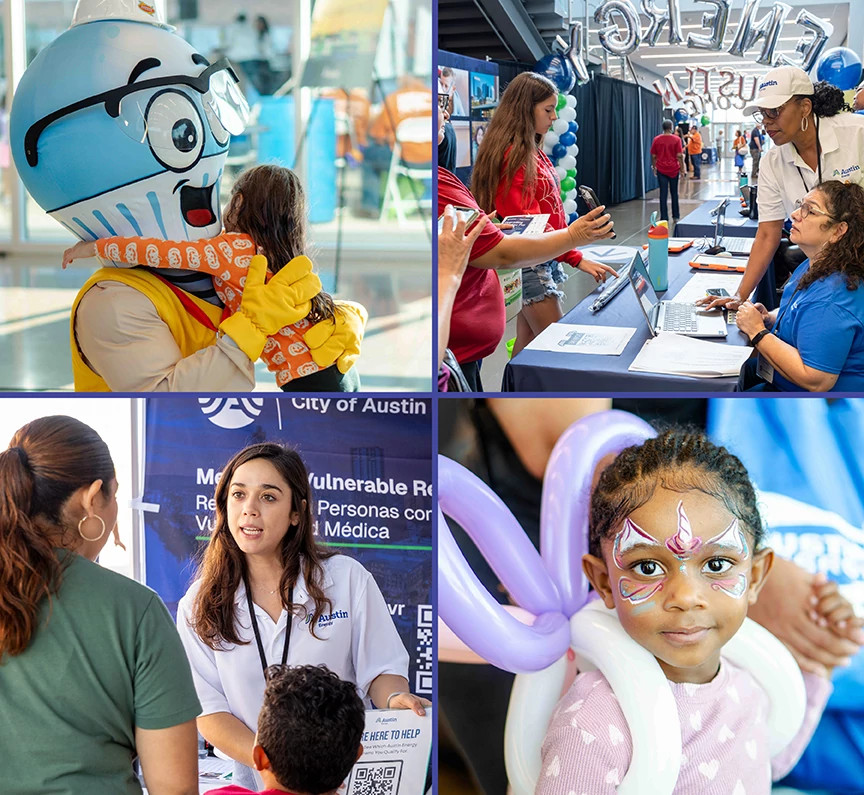 Four photos in a grid featuring Austin employees and the public at events