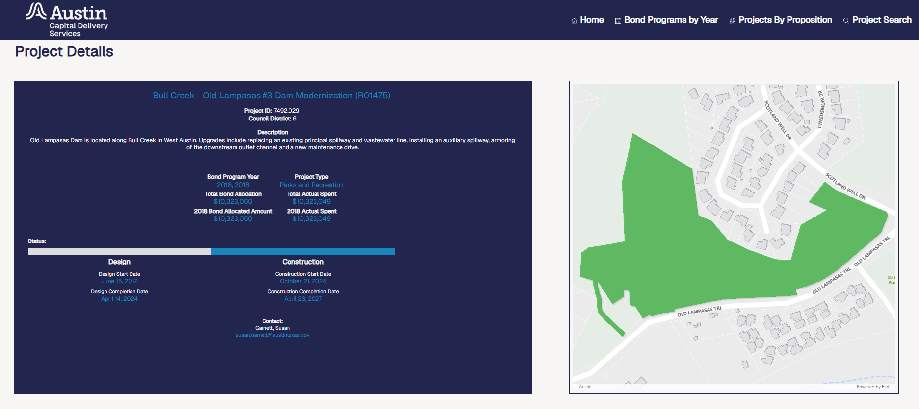 The Austin Bond Dashboard displaying details on Old Lampasas Dam Modernization project
