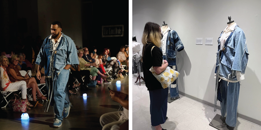 Left, Billy walks down a runway with people on either side. Right, someone stands in a gallery looking at outfits made by Billy.