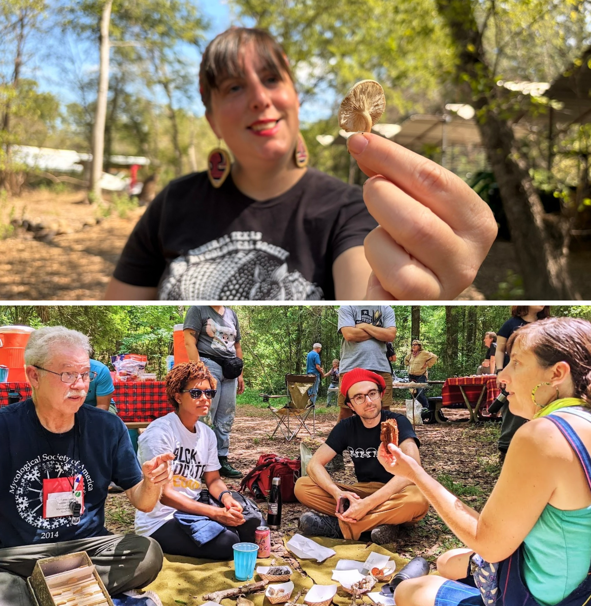 Top, a close up of a mushroom held in Angel's hand. Bottom, Angel chats with a group of attendees on a picnic blanket at a CTMS event.