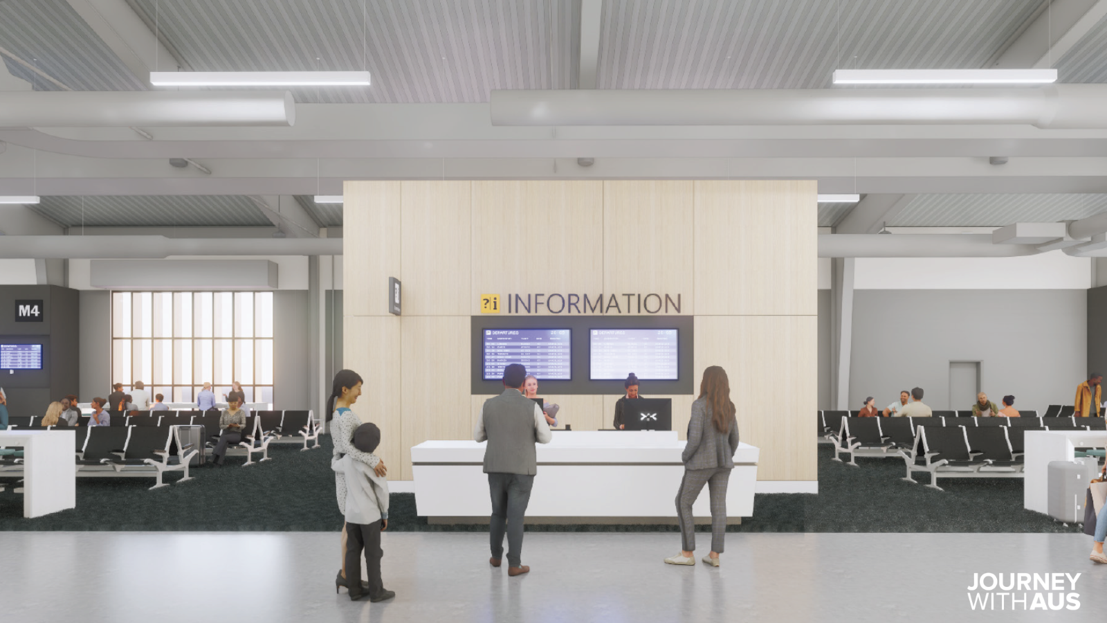 Rendering of the Concourse M facility inside. There are people at the gate counter and chairs on both of their sides of the hold room area.