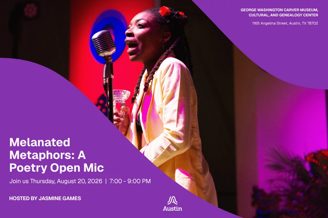 Purple graphic with photo of poet at microphone