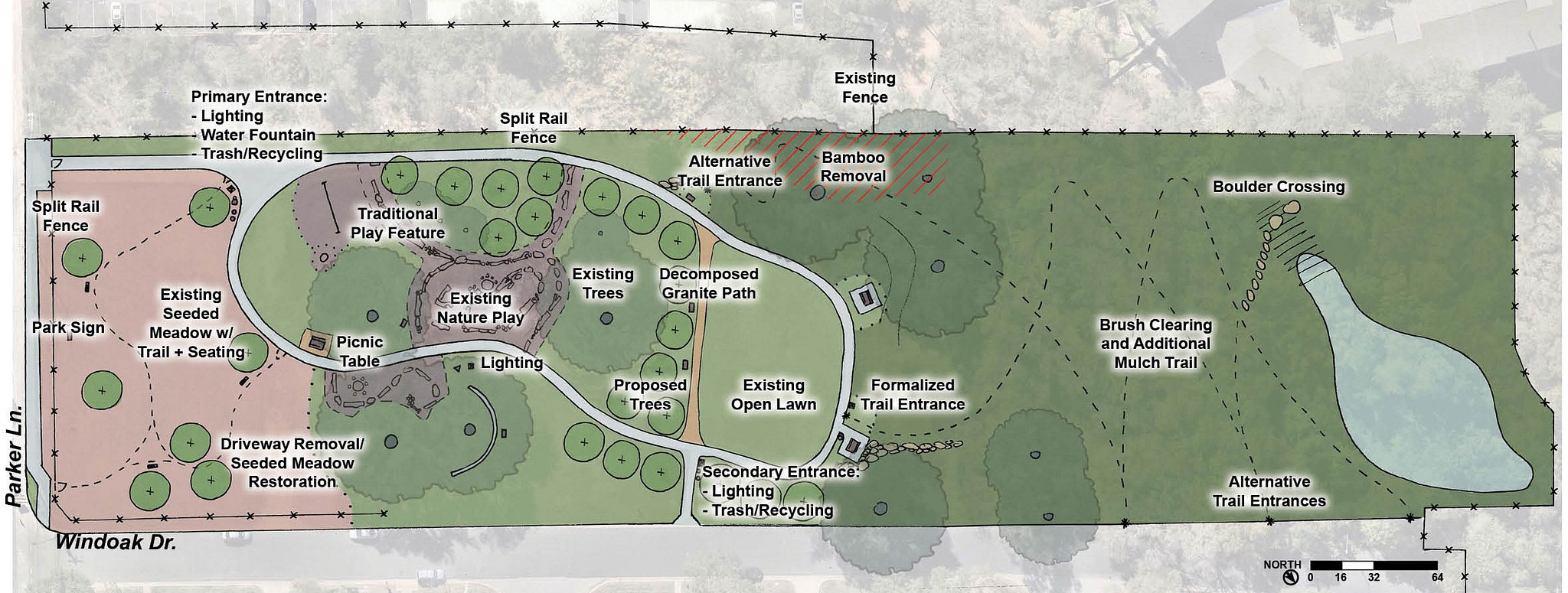 Final concept plan for Heritage Oaks Park showing existing amenities and proposed new amenities such as new entrances, picnic tables, and traditional play feature