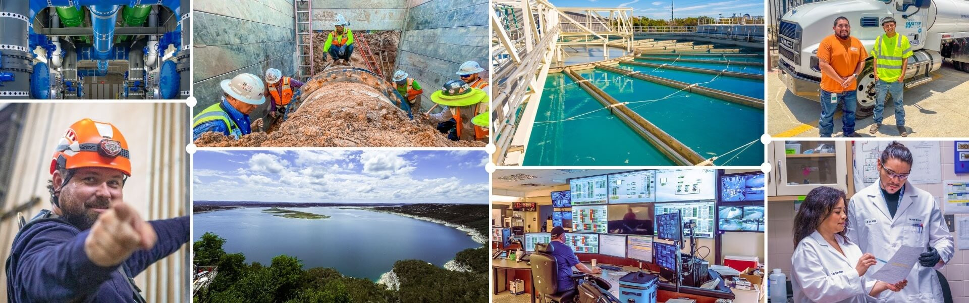 Photo collage containing images of Austin Water employees, construction workers, and water infrastructure including pipes and treatment facilities.