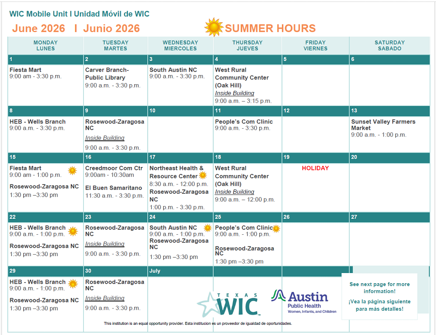 June 2026 WIC Mobile Unit Locations and Days