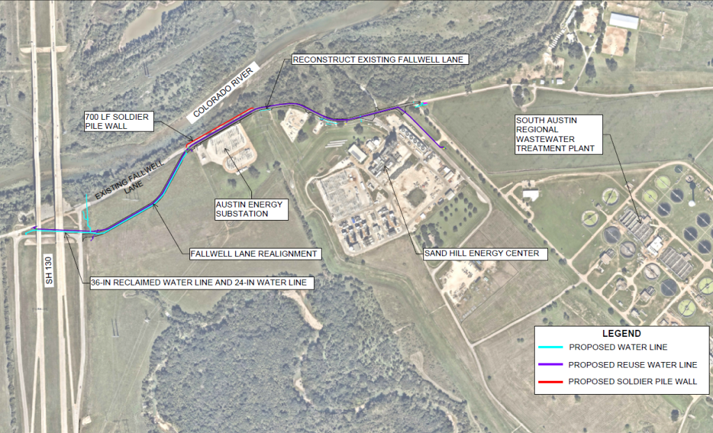 Map of Fallwell Lane project area, featuring proposed water and reuse water lines, and proposed soldier pile wall.