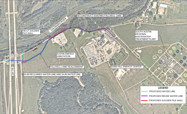 Map of Fallwell Lane project area, featuring proposed water and reuse water lines, and proposed soldier pile wall.