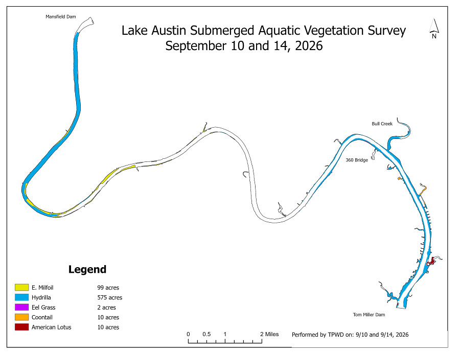 Vegetation survey map of Lake Austin, done by TPWD in September 2026