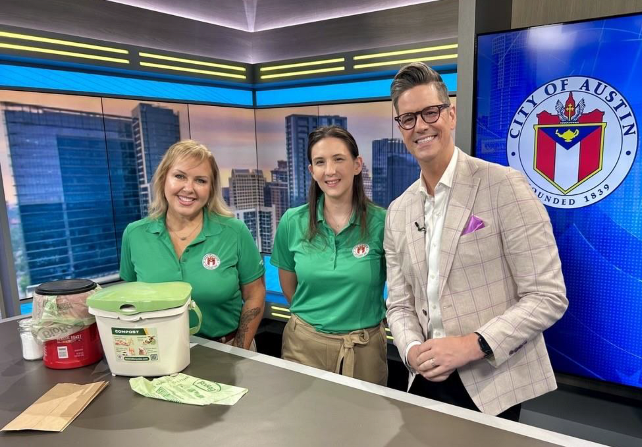 Austin Resource Recovery employees appearing on the We Are Austin show to teach multifamily residents about composting.