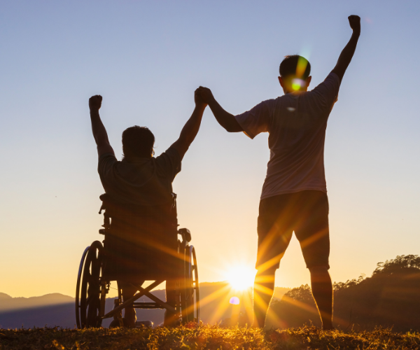 A person in a wheelchair and a person standing with their backs to us hold hands in the air triumphantly on top of a hill overlooking a sunset.