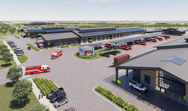 An aerial mockup image of the south campus of the Northeast Service Center.