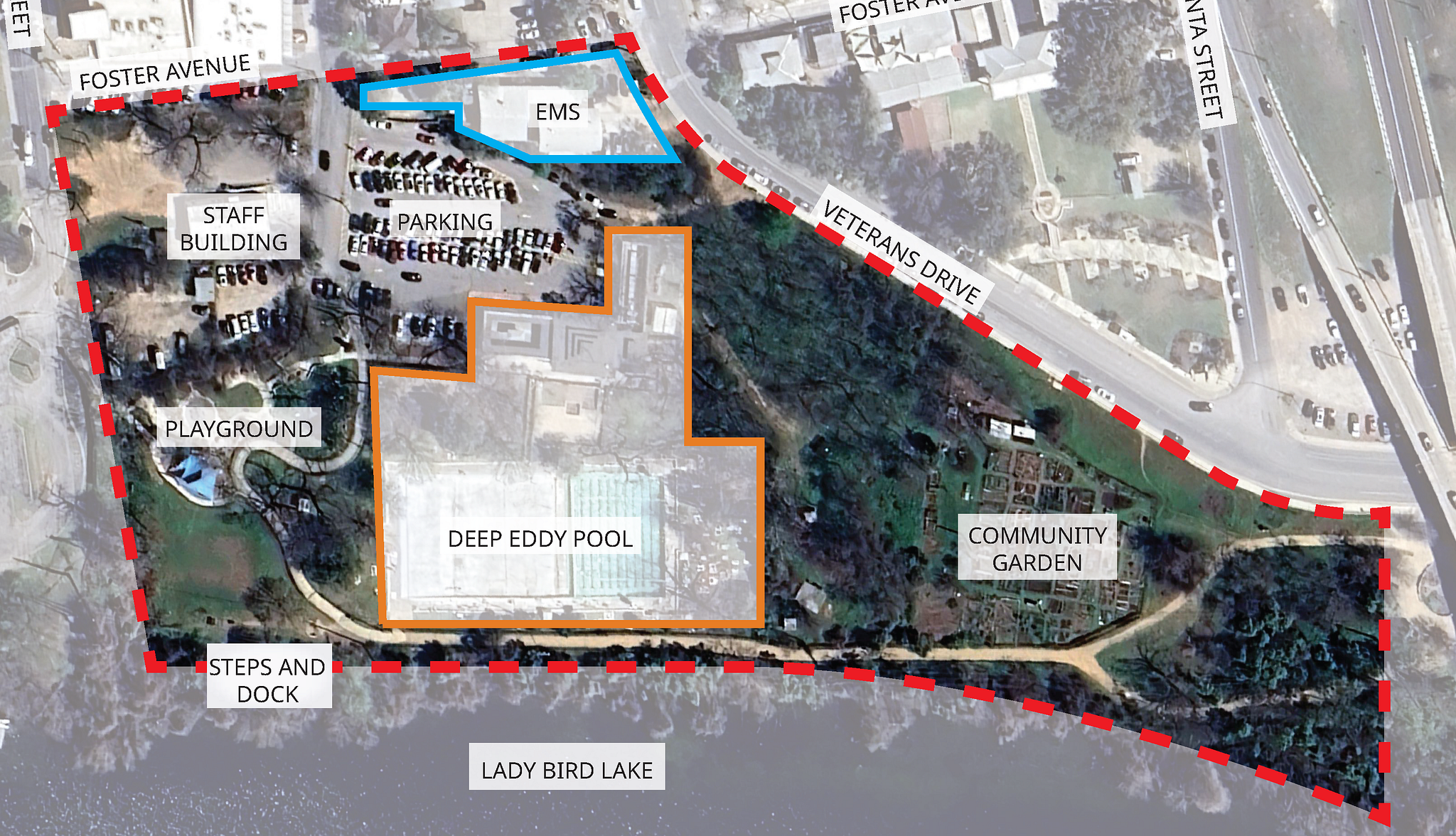 Overhead view of park with red outline of boundaries, identifying steps, garden, playscape, lake, surrounding roads, and pool and EMS building