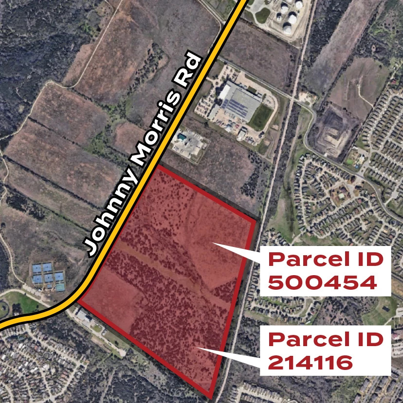 A map showing Johnny Morris Road and the highlighted parcels on which the Northeast Service Center will be built.