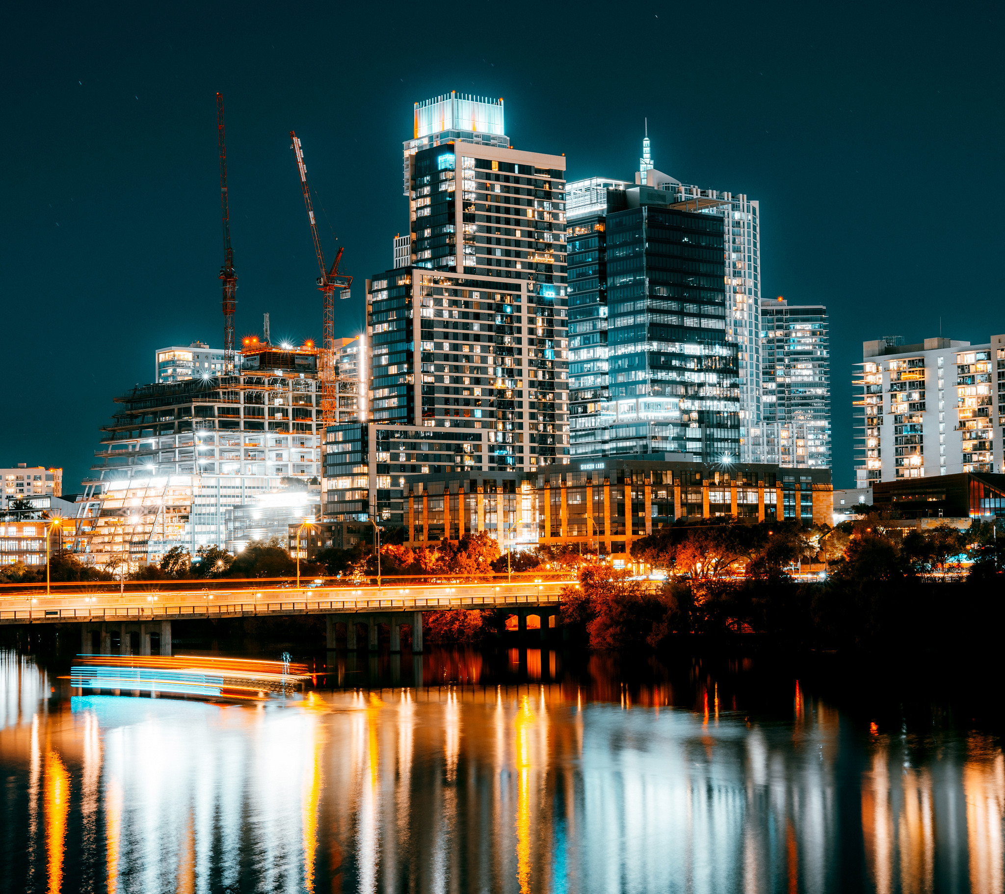 View of Downtown Austin looking west from near Congress Avenue on Lady Bird Lake.