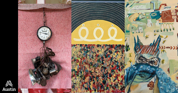 A graphic made up of three images of artwork, the first a photograph of irons, the second an abstract painting, and the third a painting of a person in an abstracted environment and the text 'A Austin'