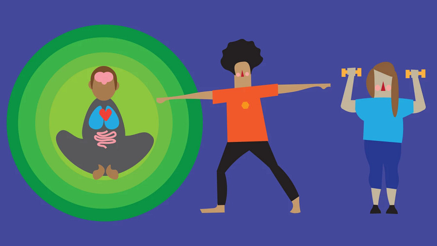 Image of people meditating, doing yoga and lifting weights