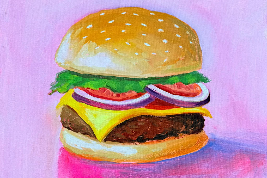 A painting of a cheese burger with lettuce, tomatoes and onion