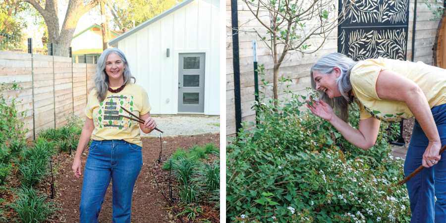 Left to right: Colleen smiles, holding seeds she picked from the front yard Colleen stops to smell the flowers.