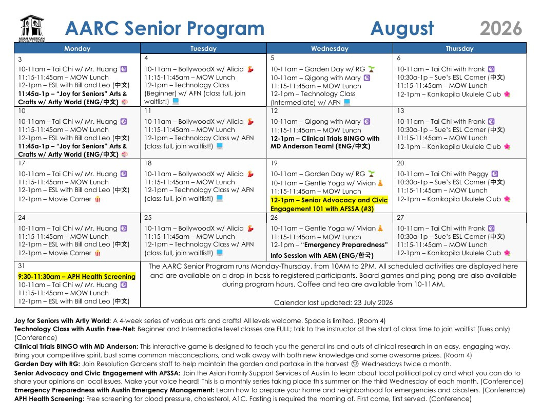 Calendar of AARC Senior Program events for August
