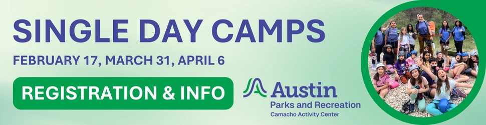Banner with single day camp dates feb 17 march 31 and april 6