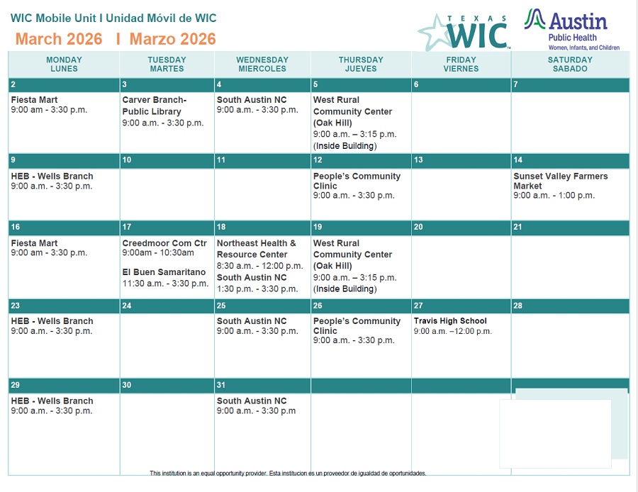 WIC Mobile Unit March 2026 Calendar of Locations and Hours
