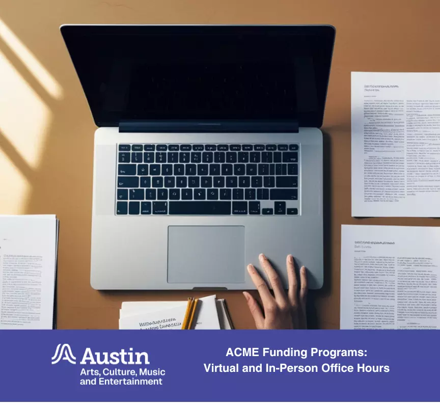 An overhead view of a workspace featuring a silver laptop with a hand above the touchpad, surrounded by several sheets of printed documents and a dark purple banner for ACME Funding Programs.