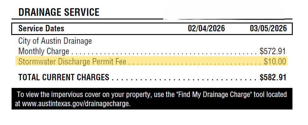Highlighted example of how the stormwater discharge fee appears on your bill.
