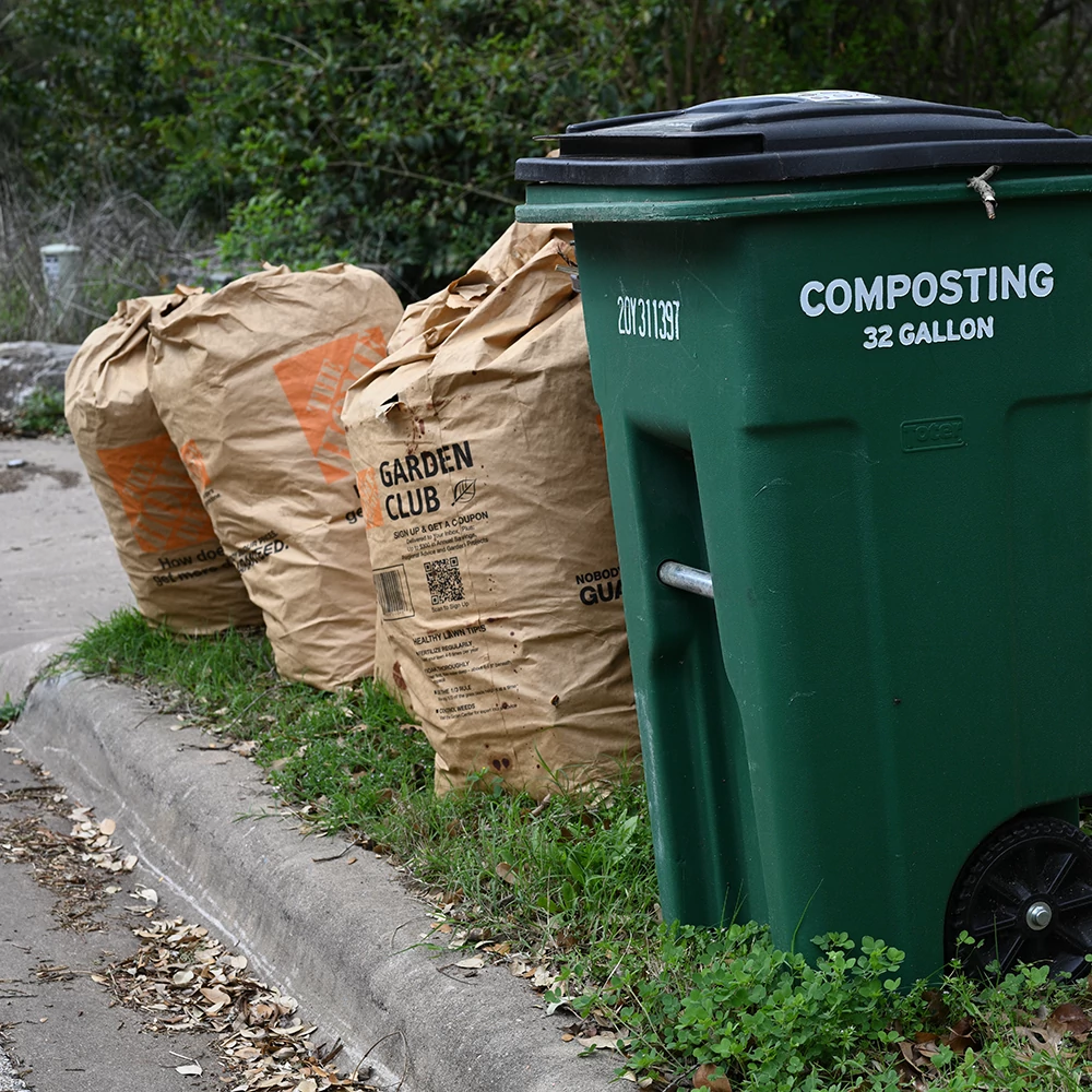 Yard trimmings set out for curbside composting collection. The lid of the green cart is closed, and extra collections set beside the cart.