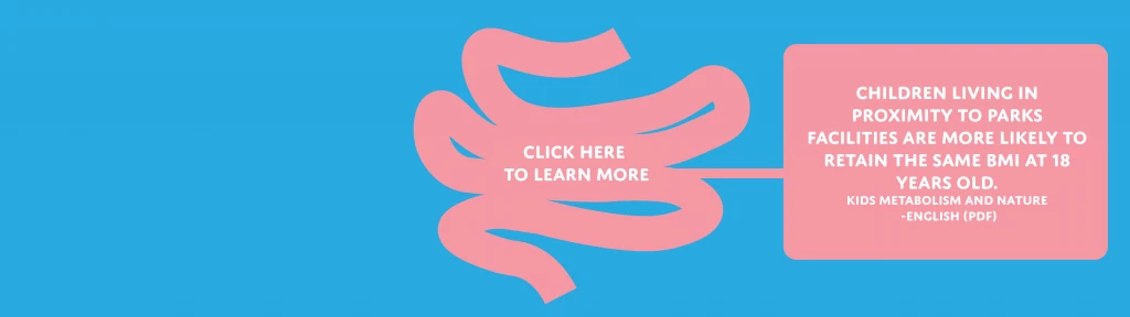 pink intestines shape with white text that reads