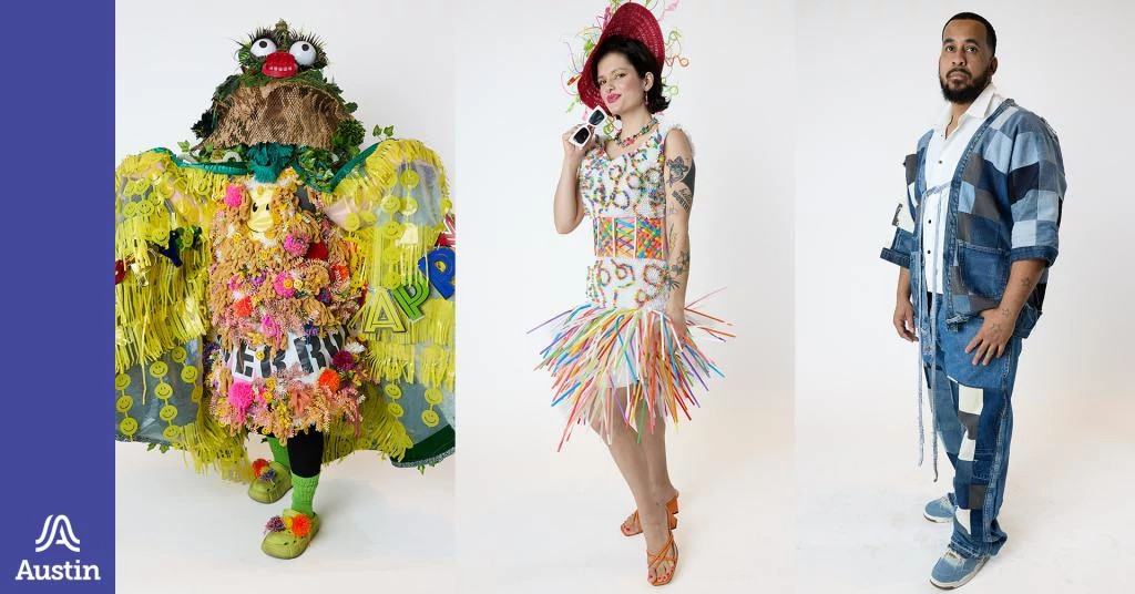 A graphic with images of people dressed fashionably in reused materials and the Austin A logo