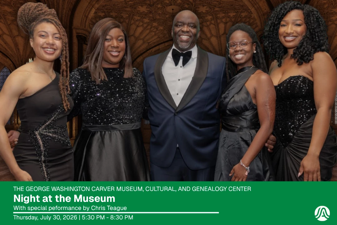 A Night at the Museum graphic with image of people attending an event at the george washington carver museum