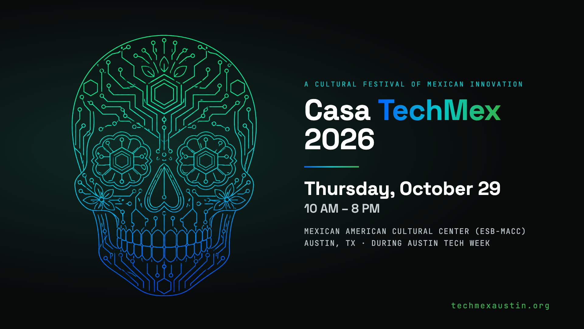 Casa TechMex with black background and green skull