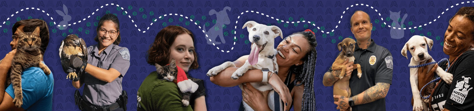 Banner collage of shelter staff, volunteers, and animals. Two volunteers snuggling tabby cats, a smiling adopter with a young white pup, a joyful shelter employee holding a small white puppy, and two animal protection officers: one with a rescued hawk.