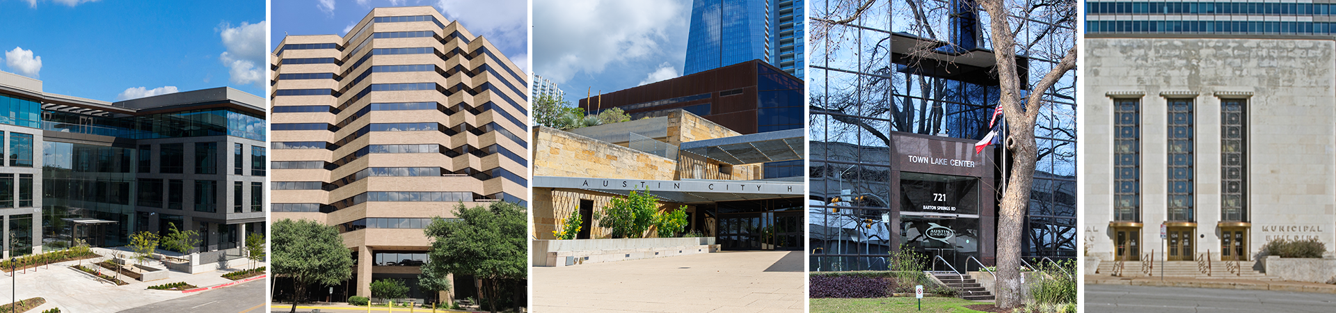 Side by side collage of the Austin Permitting and Development Center, One Texas Center, Austin City Hall, Town Lake Center, and the Municipal Building facades.
