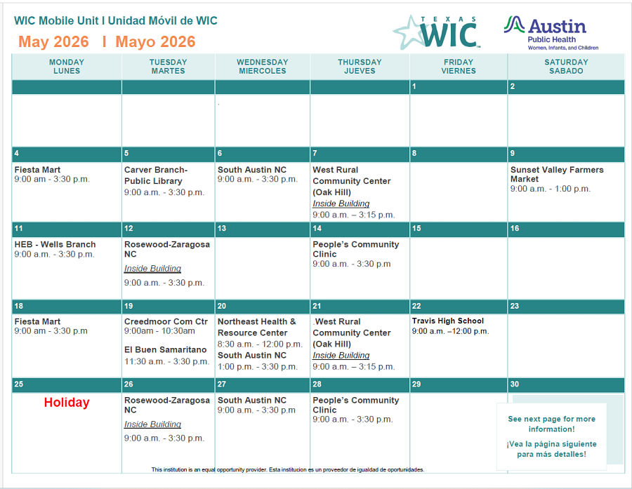May 2026 WIC Mobile Unit Locations and Days