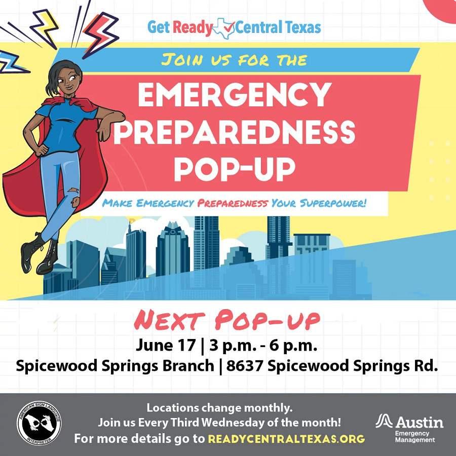 Flyer for June Pop up event on June 17th from 3pm to 6pm at Spicewood Springs Library