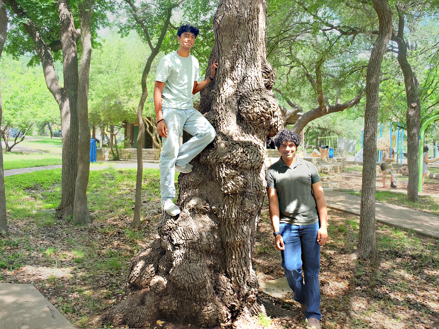 Varun balances on the trunk of a large oak tree. Ruhan leans on the other side of the trunk.