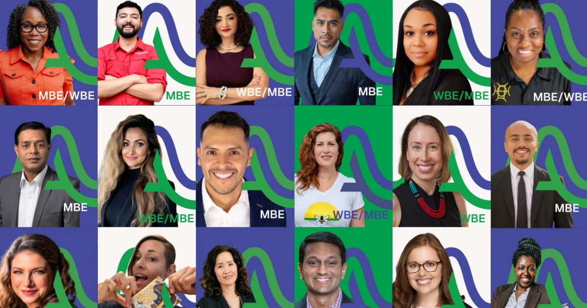 Grid of 18 professional headshots of diverse small business owners featured in Austin Small and Minority Business Resources' Small Business Success Spotlight campaign. Each image includes a branded background and certification designation, including MBE, 