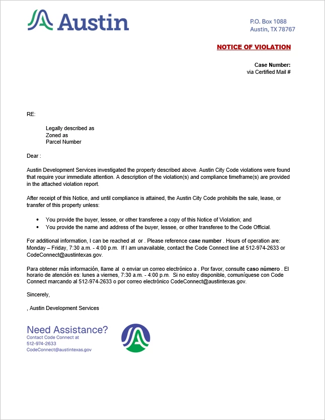 sample copy of a notice of violation letter