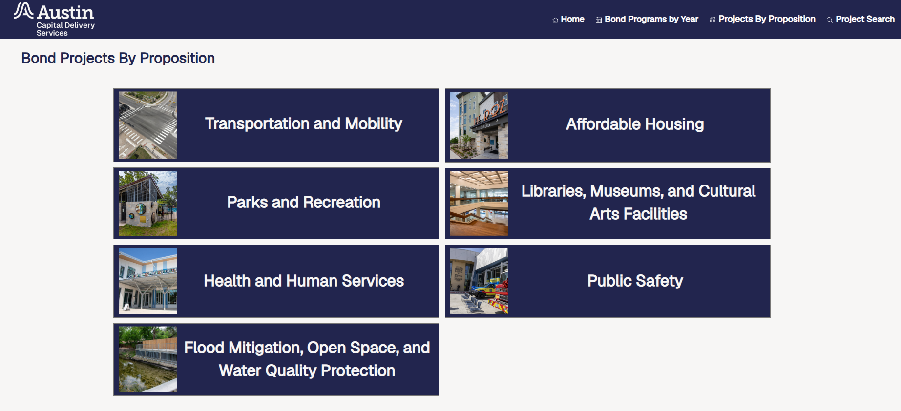 The Austin Bond Dashboard allows project search by Proposition