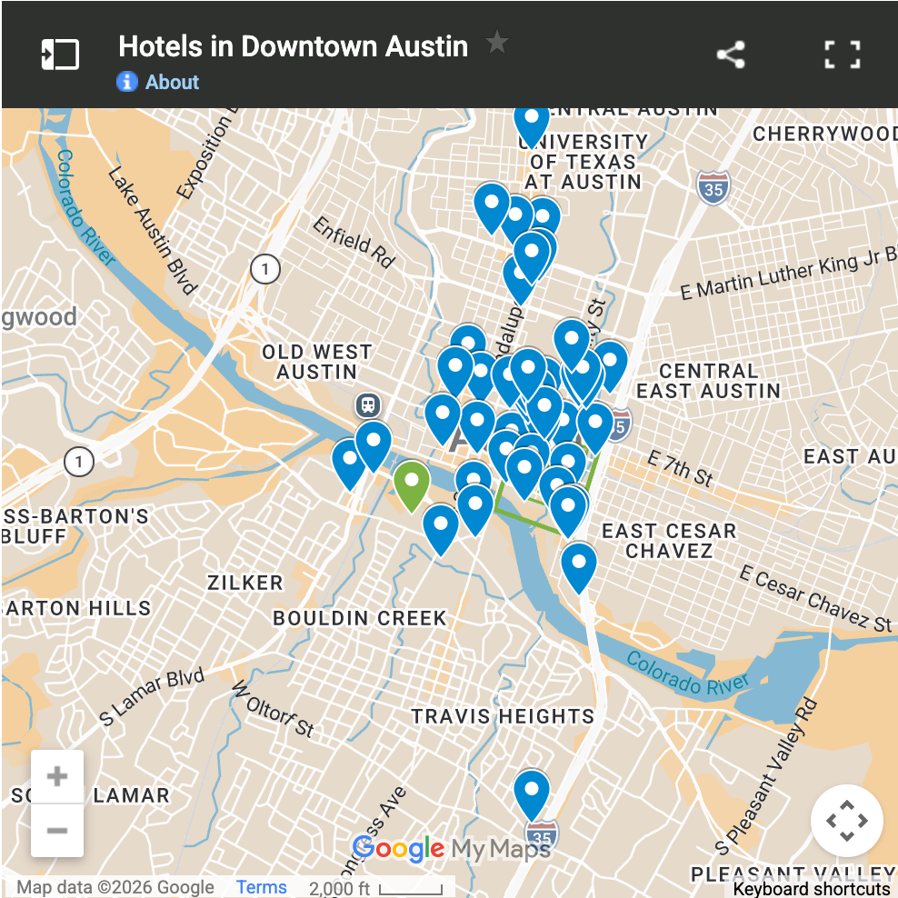 A screenshot of a Google map highlighting hotels in Downtown Austin near the Palmer Events Center
