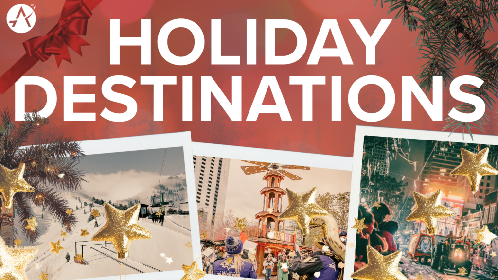 Graphic with heading 'Holiday Destinations'. Below are images of celebrations in Utah, Maryland, and Louisiana.