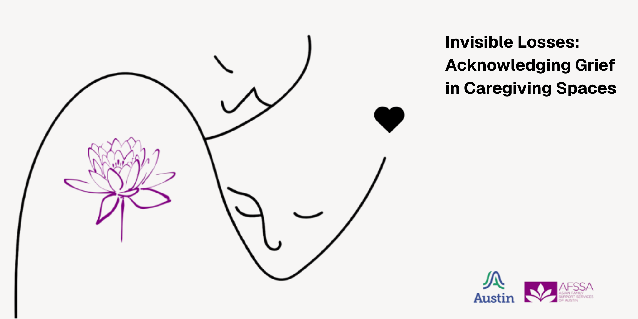 Line drawing of the faces of two people embracing with a purple lotus and black heart.
